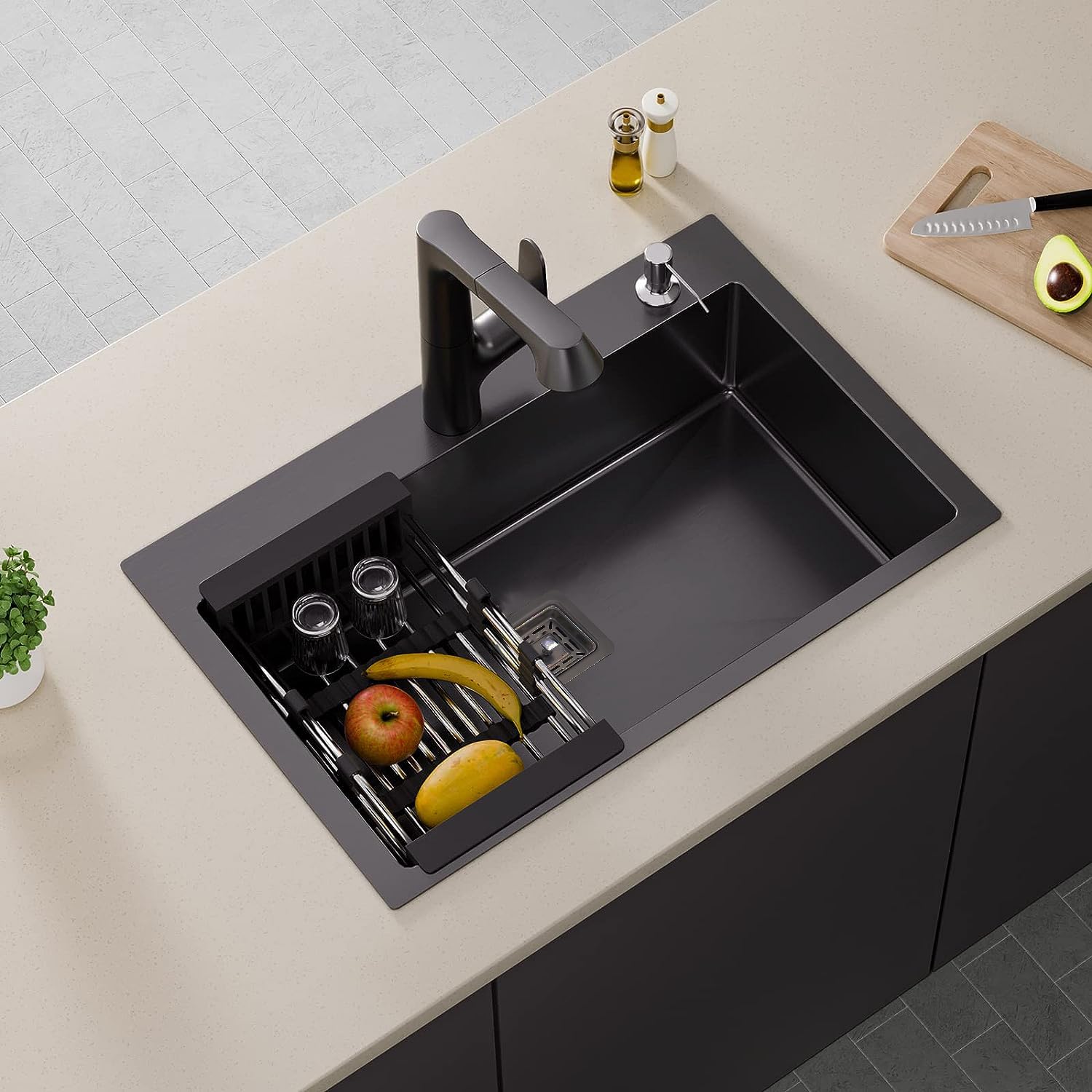 304 Handmade (24 x 18 x 10) Inch Single Bowl Black with Tap Hole Stainless Steel Kitchen Sink